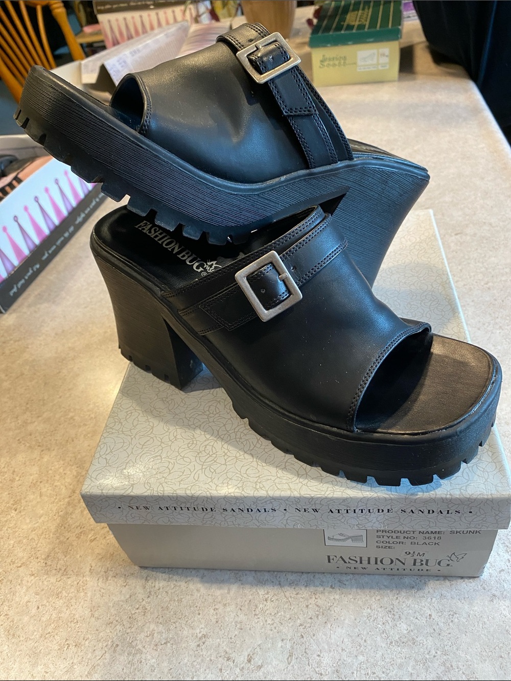 Fashion Bug Black Chunky Buckle Platform Mules